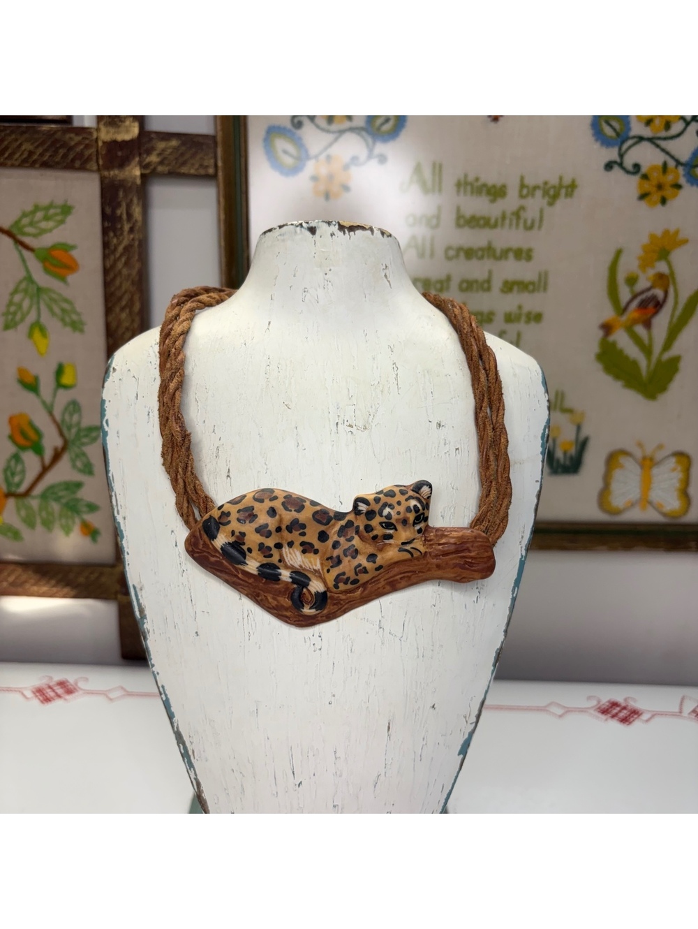 Carol Halmy porcelain hand painted leopard necklace